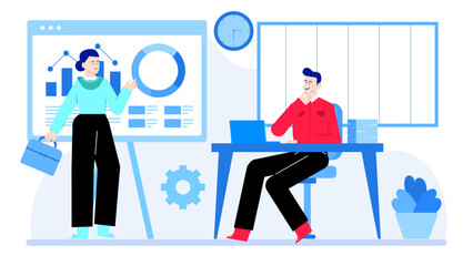 Dynamic business presentation with a woman showing a chart to a man. Suitable for financial, business, teamwork, and professional concepts. Leadership skills training for young professionals