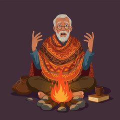 Fototapeta premium Senior Man Sitting by Campfire with Scared Expression and Open Hands