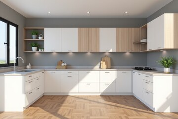 Relocation home improvement concept. Modern kitchen design featuring sleek cabinetry and natural light.