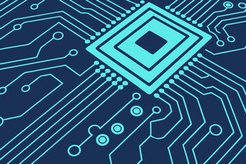 Blue glowing abstract background with digital network and circuit line elements. Technology vector layout includes space in center for marketing or web content.

