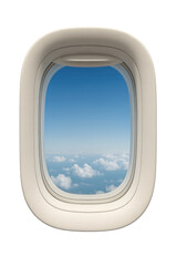 Obraz premium Airplane window revealing expansive blue sky, white clouds drifting against translucent backdrop, showcasing aerial landscape perspective