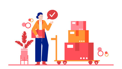 Person pushes a box on a dolly, suitable for delivery, moving, warehouse, shipping, logistics, transportation, and supply chain concepts.