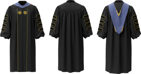 Doctorate Graduation Gown Black Academic Robe Gold Trim Three Views