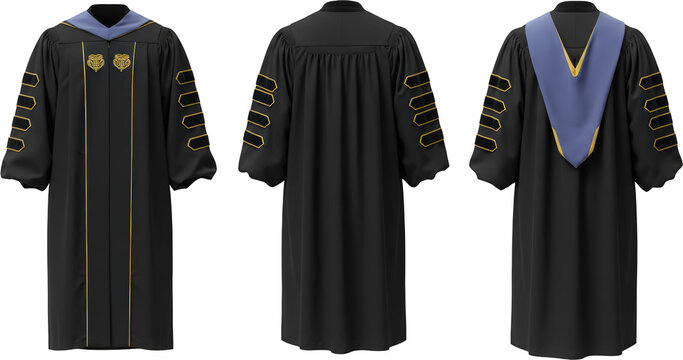 Doctorate Graduation Gown Black Academic Robe Gold Trim Three Views