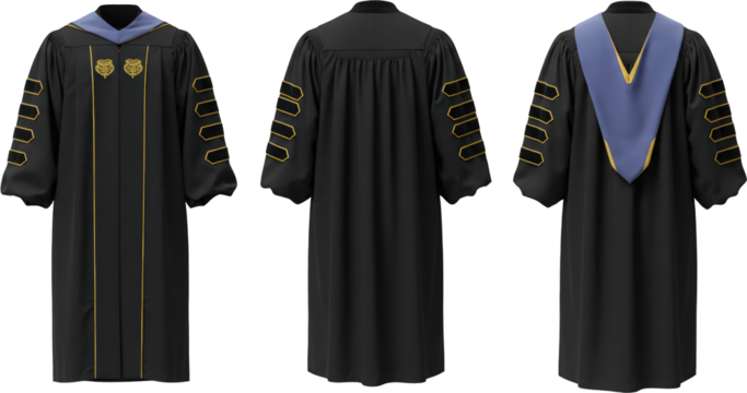 Doctorate Graduation Gown Black Academic Robe Gold Trim Three Views
