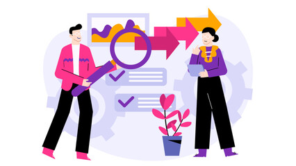 Two people analyzing a graph and checklist. Ideal for financial presentations, business reports, teamwork concepts, strategic planning visuals.