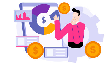 Man analyzing finances with pie chart for business presentations, financial reports, data analysis, money management concepts, and investment strategies.
