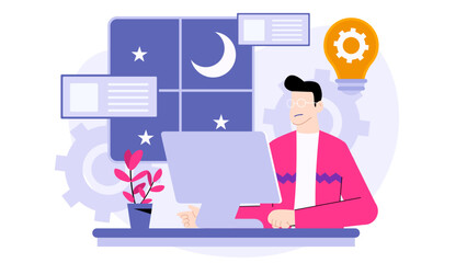 Startup founder working late on business plan, suitable for technology blog, remote work concept, creative projects, or e-learning content.