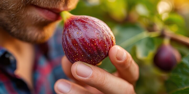 Sunlit orchard with summer fruit tasting concept. Close-up of a person holding a ripe fig near their lips
