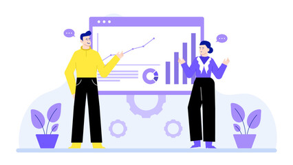 Two people having a conversation about data displayed on a graph and charts, suitable for business presentations or analytics materials.