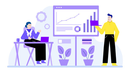 Two people analyzing business data, discussing strategy. Suitable for corporate presentations, financial reports, teamwork concepts, and business meetings illustrations.