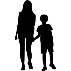 Mother and Son Silhouette. A mother and child holding hands walking together silhouette black filled vector Illustration.