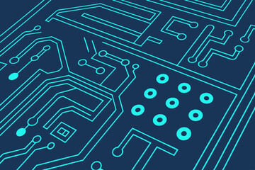 Glowing circuit design in blue with digital tech lines. Abstract vector background with copy space centered. Ideal for use in ads, websites, or tech content.

