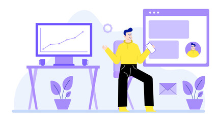 Man checking phone with positive graph on monitor, suitable for business presentations, data analysis, technology concepts, digital marketing strategies, success.