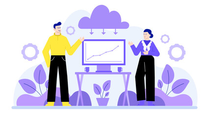 Two people in front of a computer with a graph. Suitable for business presentations, data analysis concepts, teamwork collaboration themes.