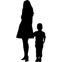 Mother and Son Silhouette. A mother and child holding hands walking together silhouette black filled vector Illustration.