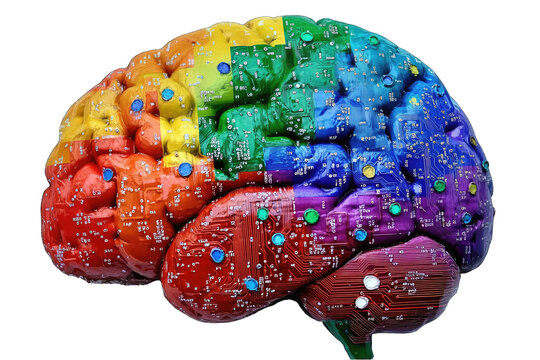 A vibrant, multicolored brain rendered with circuit board textures, showcasing interconnected nodes