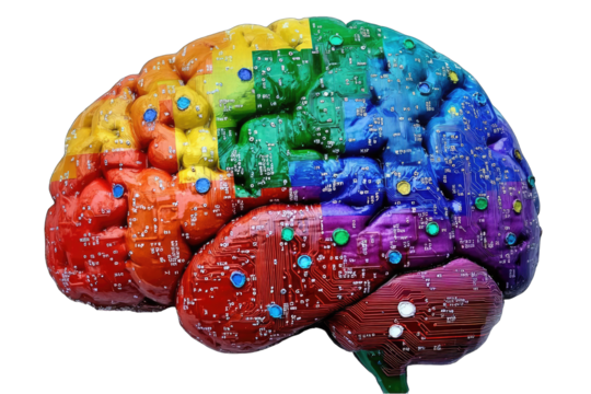 A vibrant, multicolored brain rendered with circuit board textures, showcasing interconnected nodes