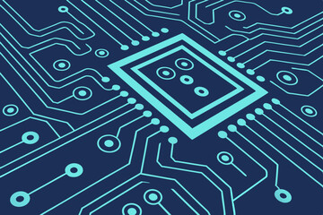 Vector tech design with abstract blue circuit background and glowing network. Centered copy space for web banner use, presentations, or promotional materials.

