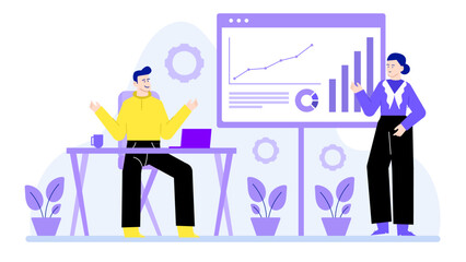 Business coach guiding young entrepreneurs, suitable for business presentations or business analytics concepts.