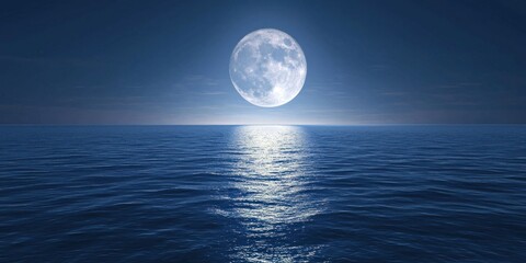 A full moon rising above the ocean, casting shimmering silver reflections on the water