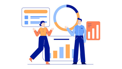 Two people analyzing business data together. Ideal for presentations, reports, financial blogs, marketing materials, teamwork concepts, and business discussions.