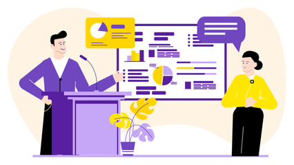 Man giving a presentation to a woman. Corporate ethics training and company values