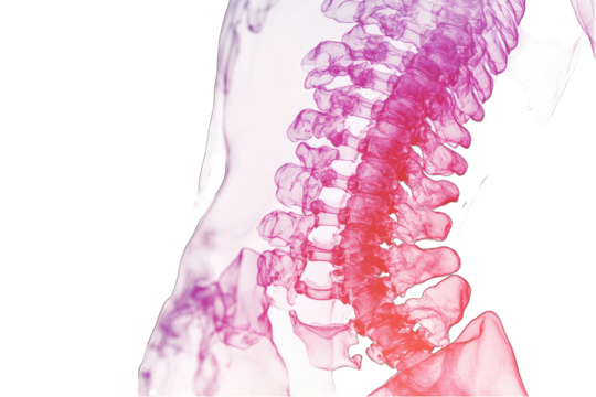 A stylized, colorized X-ray or scan depicting the human spine in profile view, showcasing vertebrae and intervertebral discs with varying color intensities - Powered by Adobe