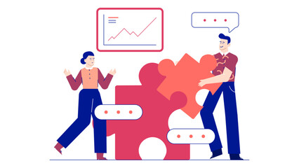 Two people connecting puzzle pieces. Suitable for teamwork, collaboration, problem solving, partnership concepts. Business, education, and social media designs.