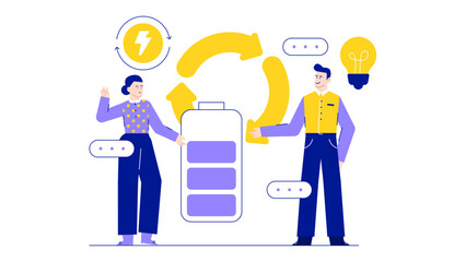 Man and a woman near a battery, renewable energy concept, ecofriendly lifestyle, environmental conservation, sustainable power sources, alternative energy solutions.