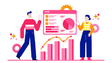 Two individuals analyzing data and graphs; perfect for business presentations, financial reports, teamwork concepts, analytics discussions, technology discussions.