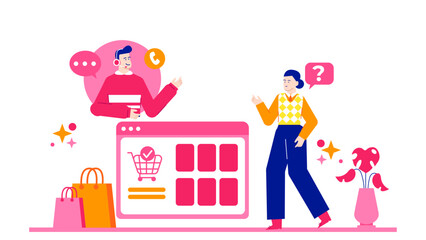 Person seeks product information from customer service agent. Ideal for website graphics, blog posts, social media advertising, and customer servicerelated materials.