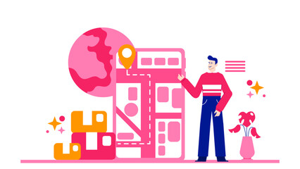 Man pointing to a map on a phone, suitable for travel apps, navigation services, directions, technology concepts, GPS assistance visuals.