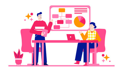 Two people meeting at pink table, discussing business ideas. Startup team discussing product market fit. Suitable for business articles, teamwork concepts, and office related designs.