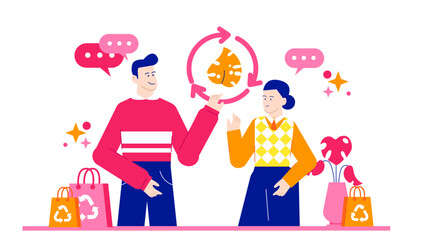 Two people talking about recycling in pink circle, suitable for environmental discussions, sustainable lifestyle, green living, ecofriendly concepts.