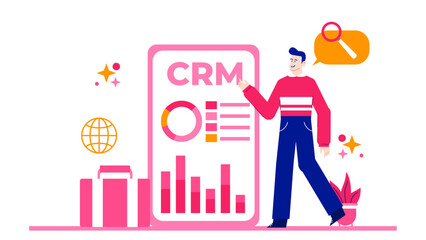 Man presenting a CRM dashboard with charts, suitable for business presentations, marketing materials, data analysis reports, and software demonstrations.
