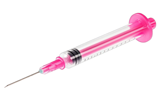 A bright pink disposable syringe with a clear barrel,  needle, and plunger; isolated on a black background