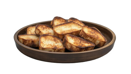 Golden-brown toasted bread slices, slightly charred edges, arranged on a dark wooden bowl, isolated on black background