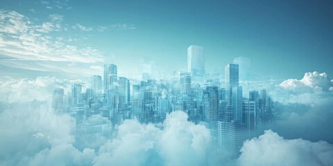 A futuristic city floating in the sky, with impossible structures merging with the clouds