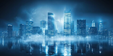 A futuristic city skyline with dense high-tech buildings, atmospheric fog, and neon reflections on wet streets