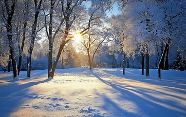 Sunlit Winter Wonderland Majestic Snow-Covered Trees at Sunrise