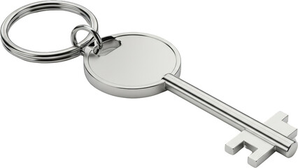 Elegant silver key chain with blank round tag modern keyring design isolated transparent background