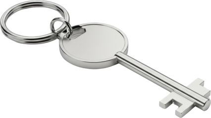 Elegant silver key chain with blank round tag modern keyring design isolated transparent background