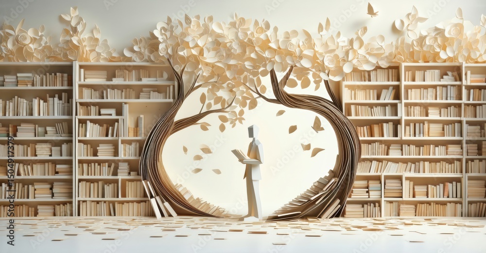Poster Papercraft library scene. Books form tree, figure stands within. Light radiates from opening, creating calm atmosphere.