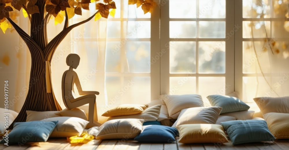 Poster Cozy room features figure near tree, surrounded by many soft pillows. Sunlight streams through window creating warm atmosphere.