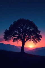 Silhouetted tree, star-dusted twilight Vast, serene landscape , night, landscape