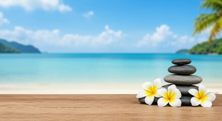 Relaxing Beach Scene with Stacked Stones and Tropical Flowers for Tranquility