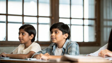 Curious Indian Schoolchildren Engaged in Fun Learning Activity at Desk

