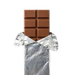 Milk chocolate bar in foil wrapper isolated on transparent background
