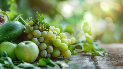 Fresh green vegetables and fruits arranged on wooden table with copy space, representing healthy eating and liver care concept for wellness lifestyle.